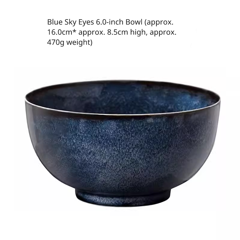 Close-up of a medium-sized, deep blue speckled noodle bowl (6.0 inch) with sloped sides, isolated on white.