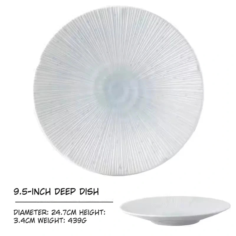 9.5 inch deep plate, 24.7cm diameter, 3.4cm high, 439g weight, white with radiating lines.