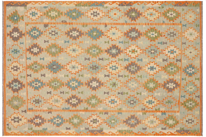 Turkish Bohemian Jade Hand-Woven Kilim Rug - 8'3'' x 9'7'' by Bareens Designer Rugs