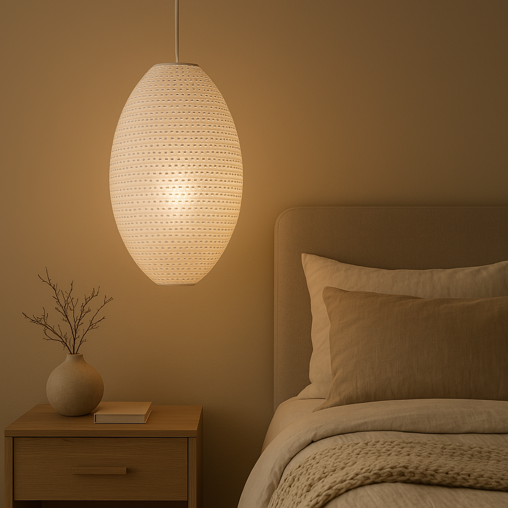 White paper oval lampshade hangs above a bedside table and bed, adding warm home decor lighting.