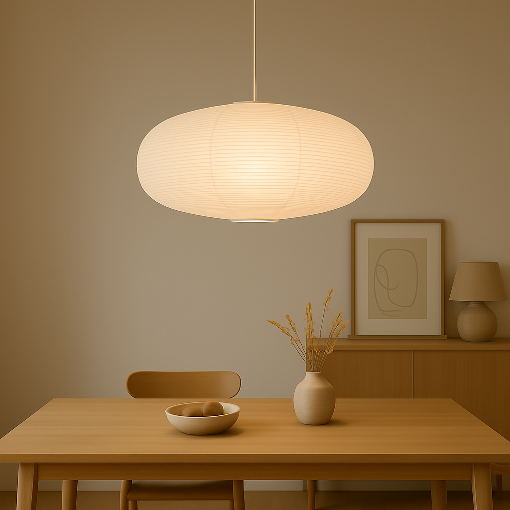 Paper Oval lampshade hanging over a wooden dining table, creating soft light.