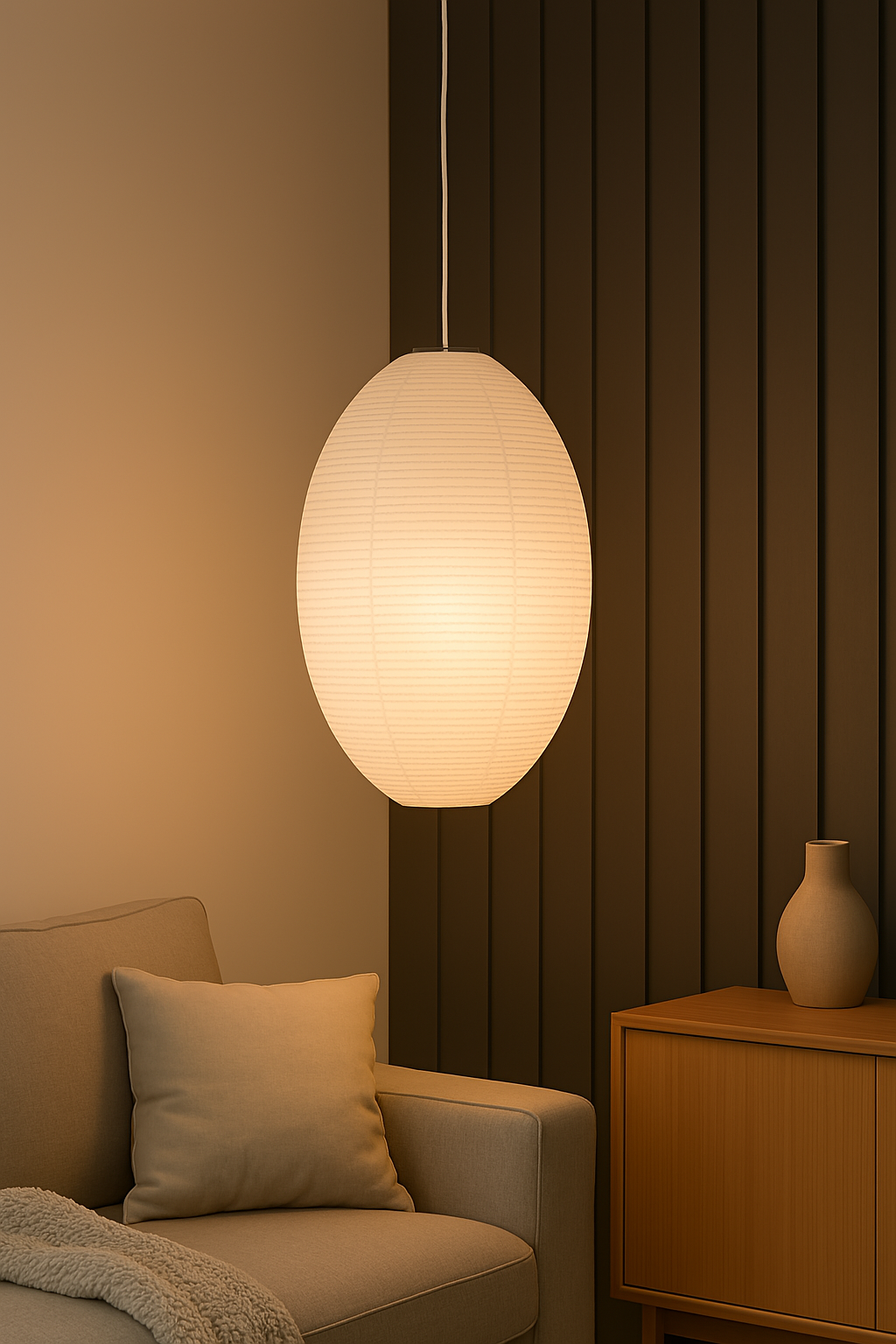 White paper oval lampshade with textured surface, hanging in a modern living room.
