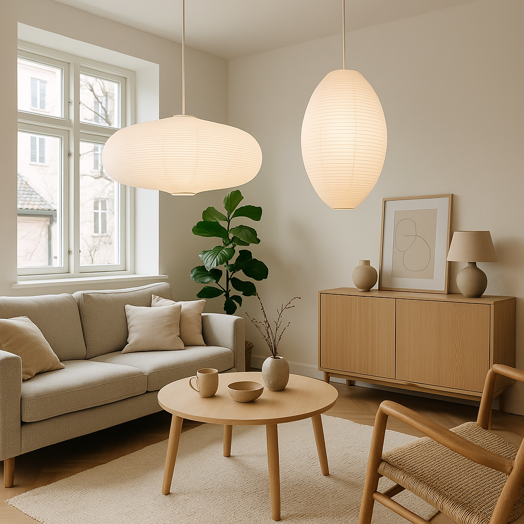 Lampshade With Paper Oval: two white paper pendant lights illuminate a bright living room setting.