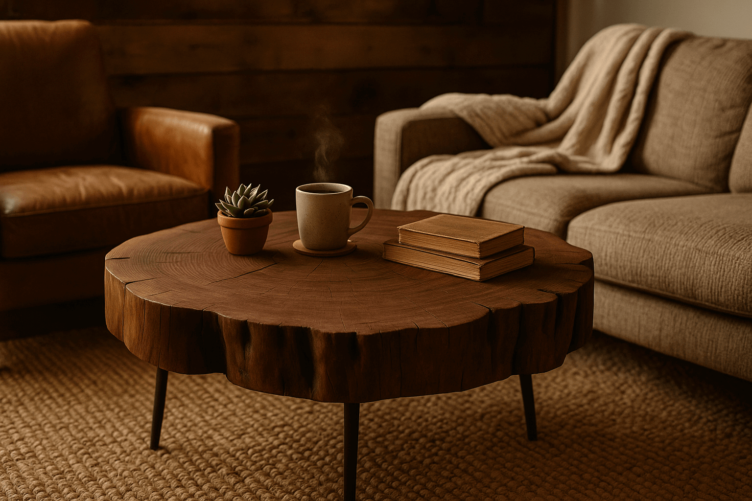 Rustic raw wood coffee table with unique tree stump design, coffee mug, books, and plant.