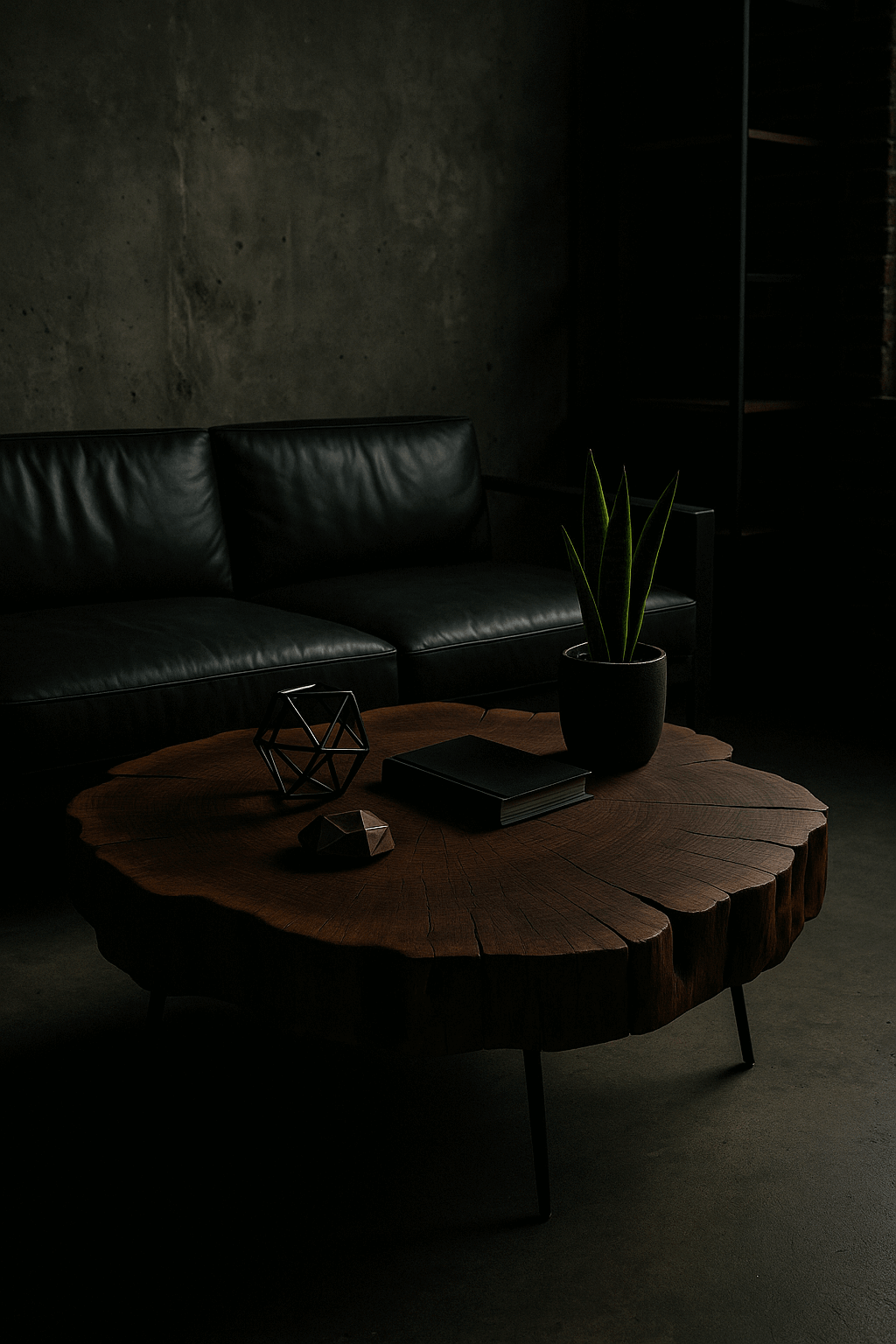 Rustic Raw Wood Coffee Table - unique tree stump design with dark decor, black leather sofa.