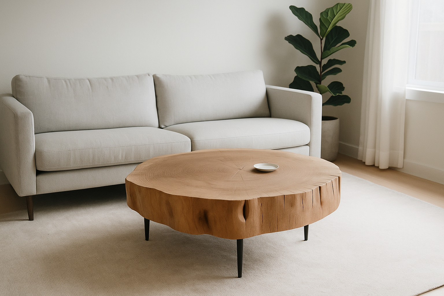 Rustic raw wood coffee table with unique tree stump design on cream rug beside sofa.