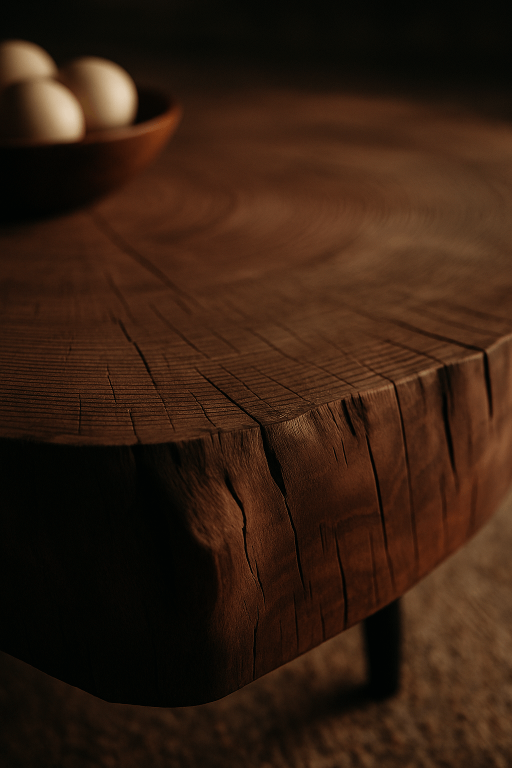 Rustic raw wood coffee table with unique tree stump design, brown wood texture.