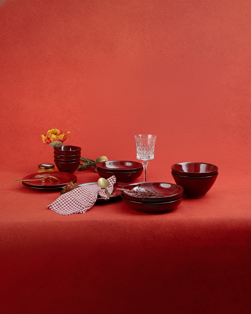 Red Ceramic Tableware Set - 1280°C Fired, Retro Elegance