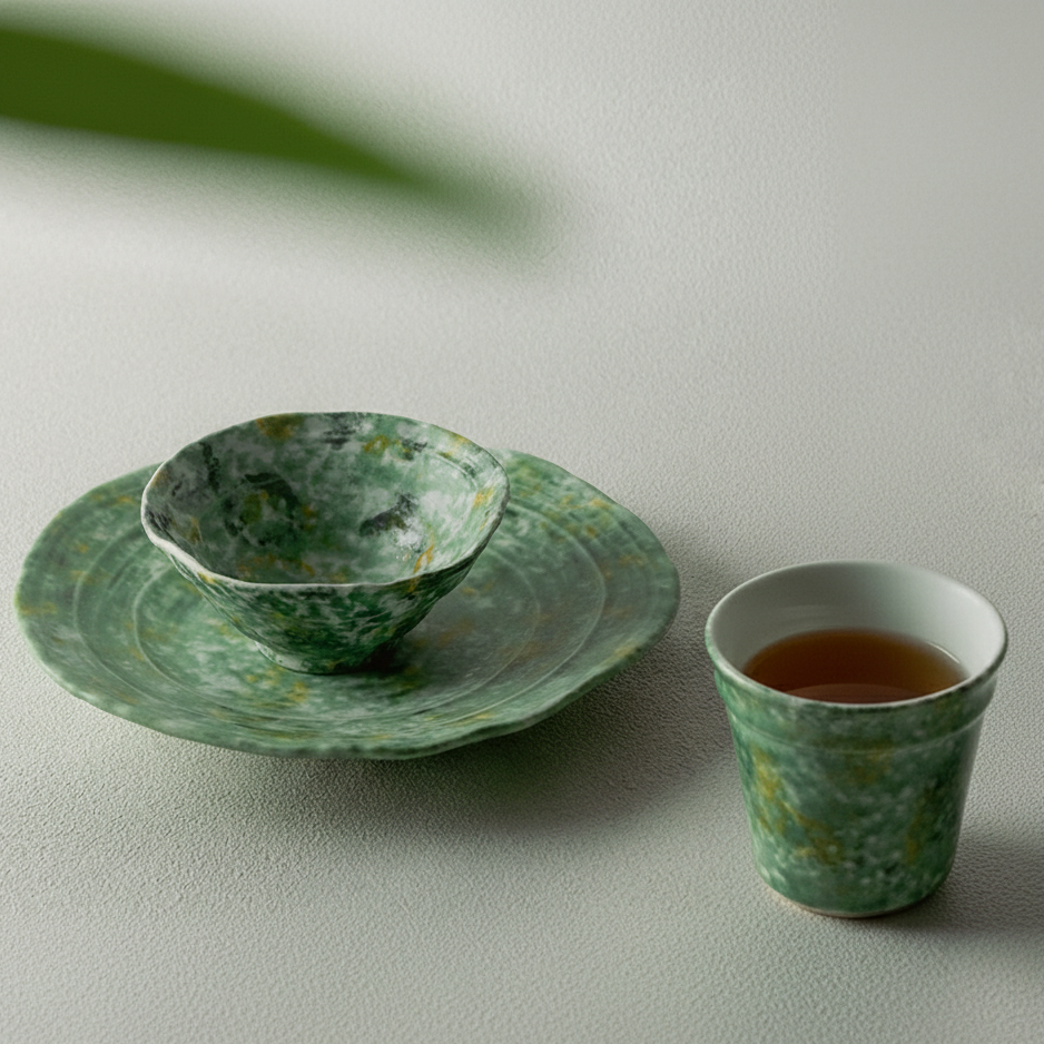 Japanese Style Green Speckled Ceramic Bowl and Saucer Set | Minimalist Tableware