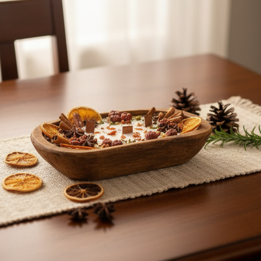 Handmade Pumpkin Chai Scented Candle in Wooden Bowl with Dried Oranges and Spices