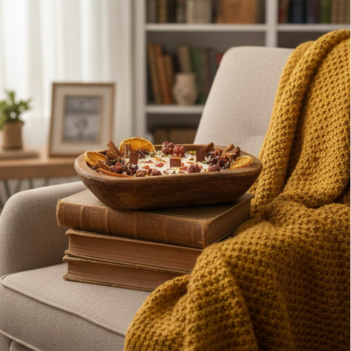 Handmade Pumpkin Chai Scented Candle in Wooden Bowl with Dried Oranges and Spices
