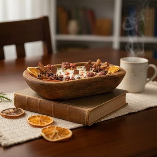 Collage of a wooden bowl with decorative items on a table, in a living room, and in front of a fireplace.