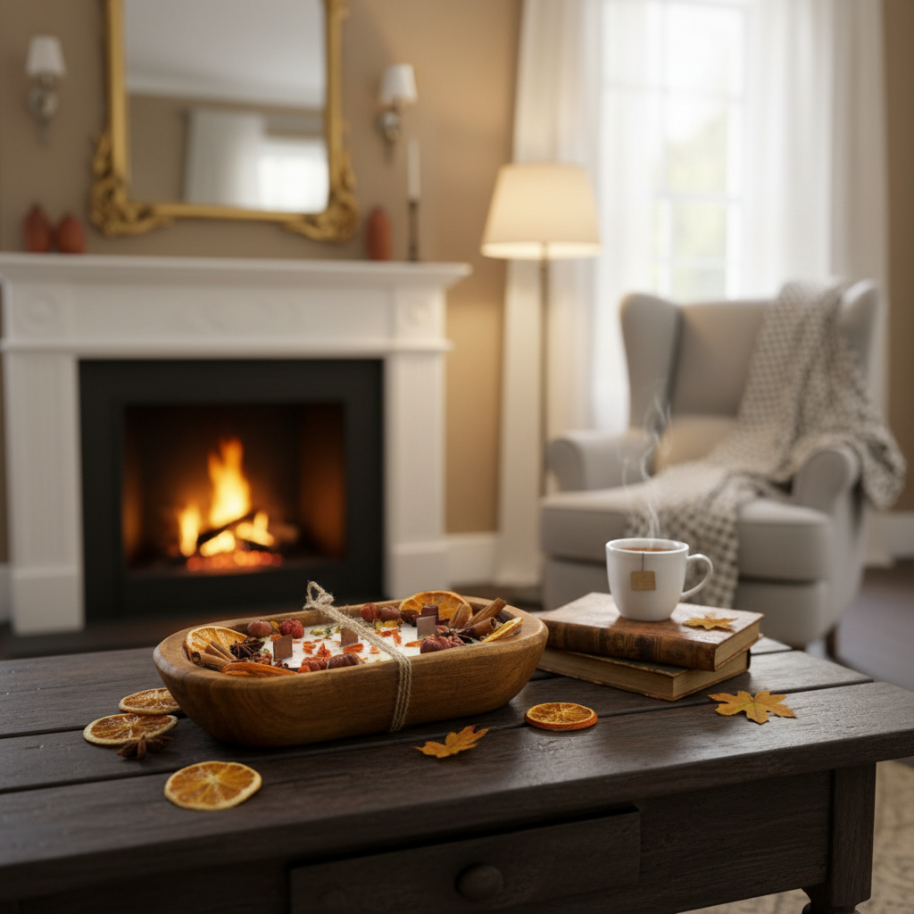 Handmade Pumpkin Chai Scented Candle in Wooden Bowl with Dried Oranges and Spices