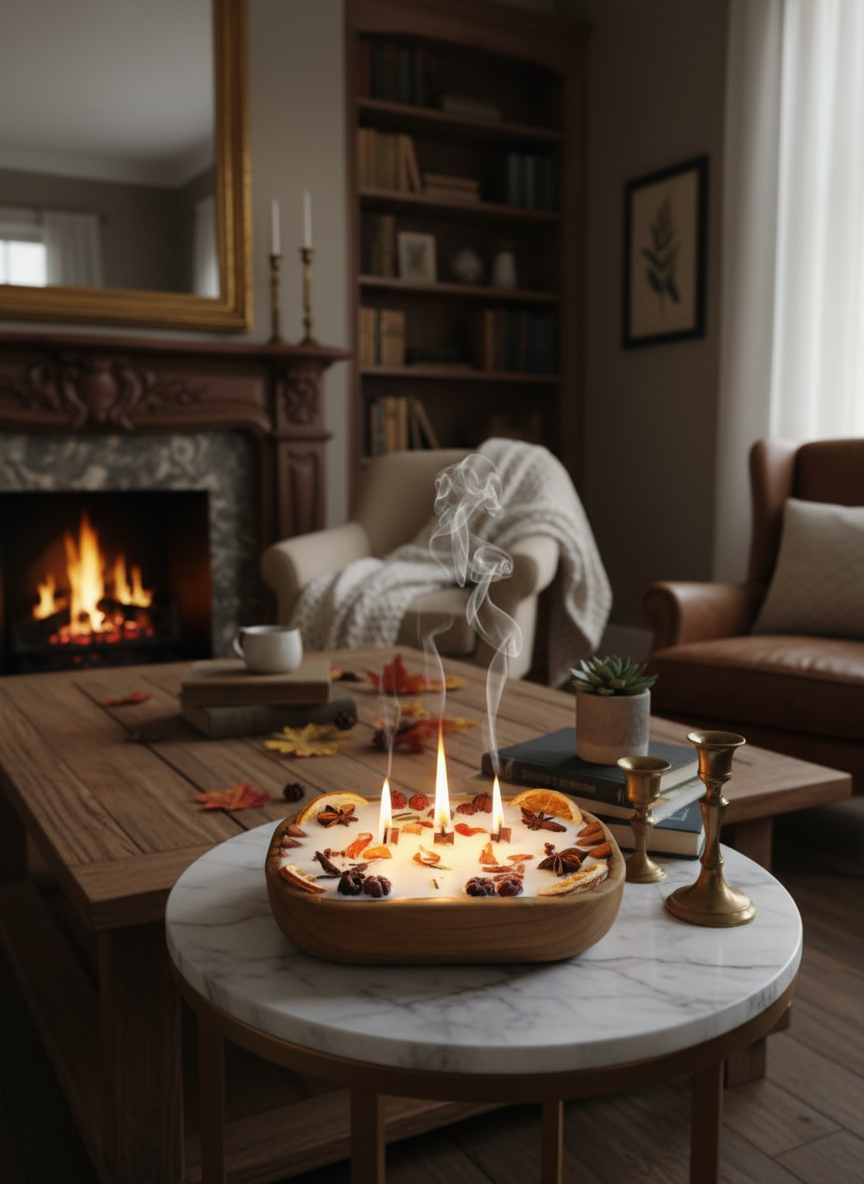Handmade Pumpkin Chai Scented Candle in Wooden Bowl with Dried Oranges and Spices
