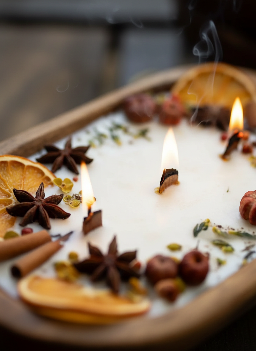 Handmade Pumpkin Chai Scented Candle in Wooden Bowl with Dried Oranges and Spices