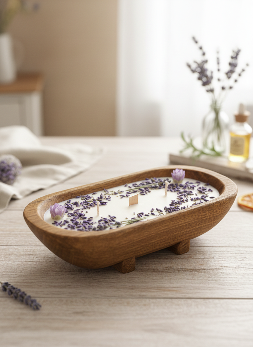 Handmade Pumpkin Chai Scented Candle in Wooden Bowl with Dried Oranges and Spices