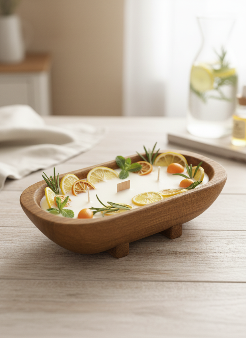 Handmade Pumpkin Chai Scented Candle in Wooden Bowl with Dried Oranges and Spices