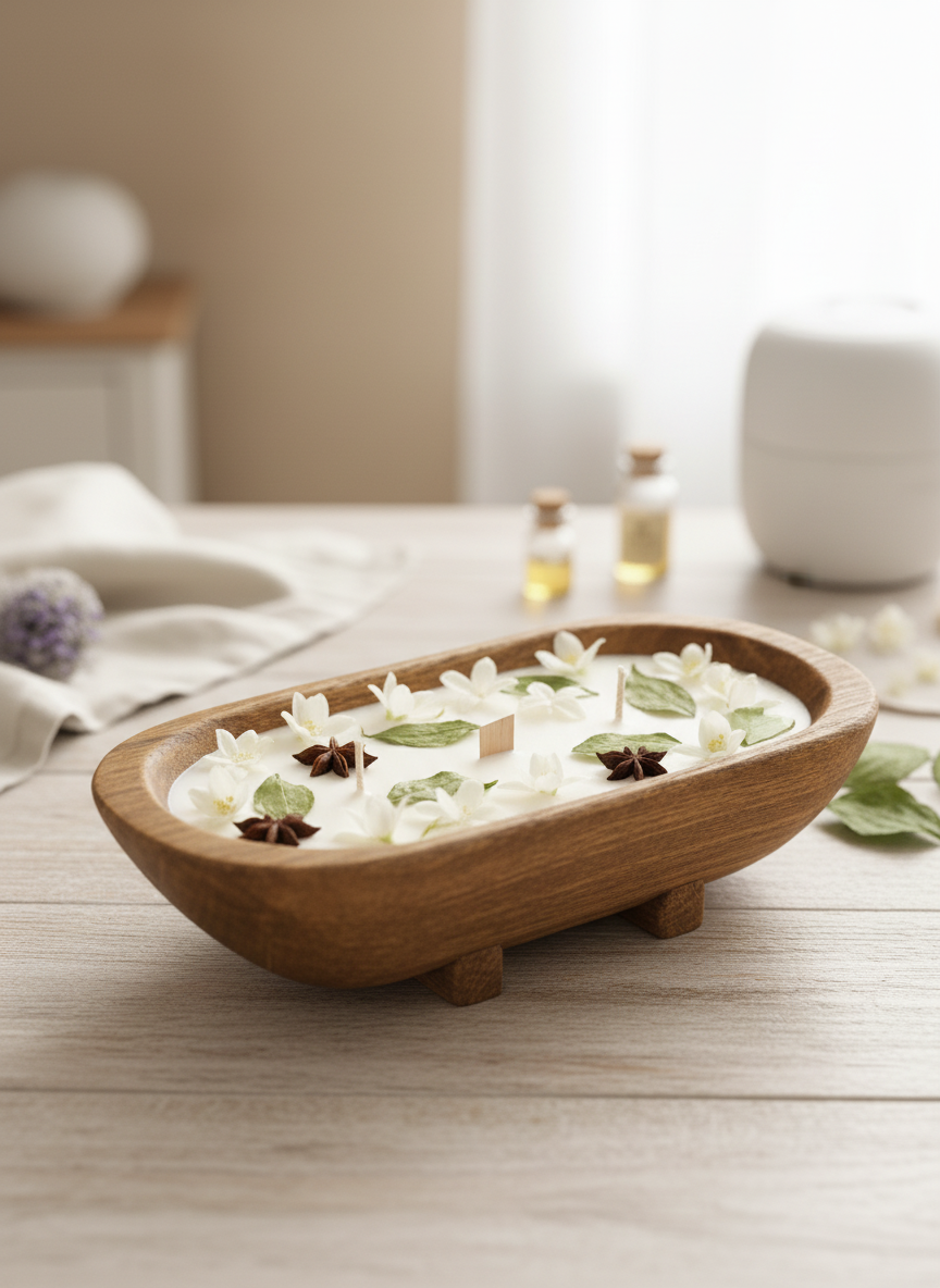 Handmade Pumpkin Chai Scented Candle in Wooden Bowl with Dried Oranges and Spices