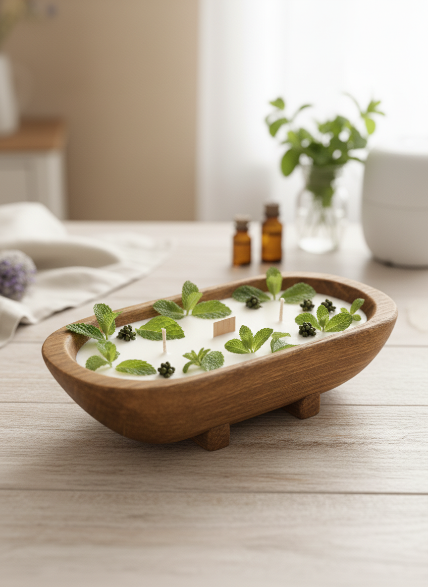 Handmade Pumpkin Chai Scented Candle in Wooden Bowl with Dried Oranges and Spices