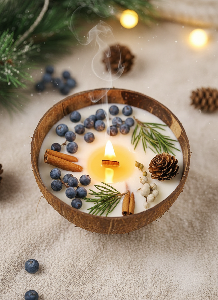 Handmade Coconut Shell Scented Candle with Dried Orange Slices, Cinnamon, and Pine Cones - Natural Soy Wax, Christmas Decor