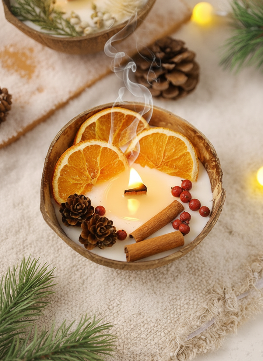 Handmade Coconut Shell Scented Candle with Dried Orange Slices, Cinnamon, and Pine Cones - Natural Soy Wax, Christmas Decor