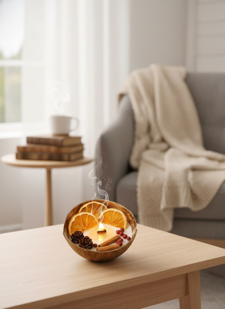 Handmade Coconut Shell Scented Candle with Dried Orange Slices, Cinnamon, and Pine Cones - Natural Soy Wax, Christmas Decor