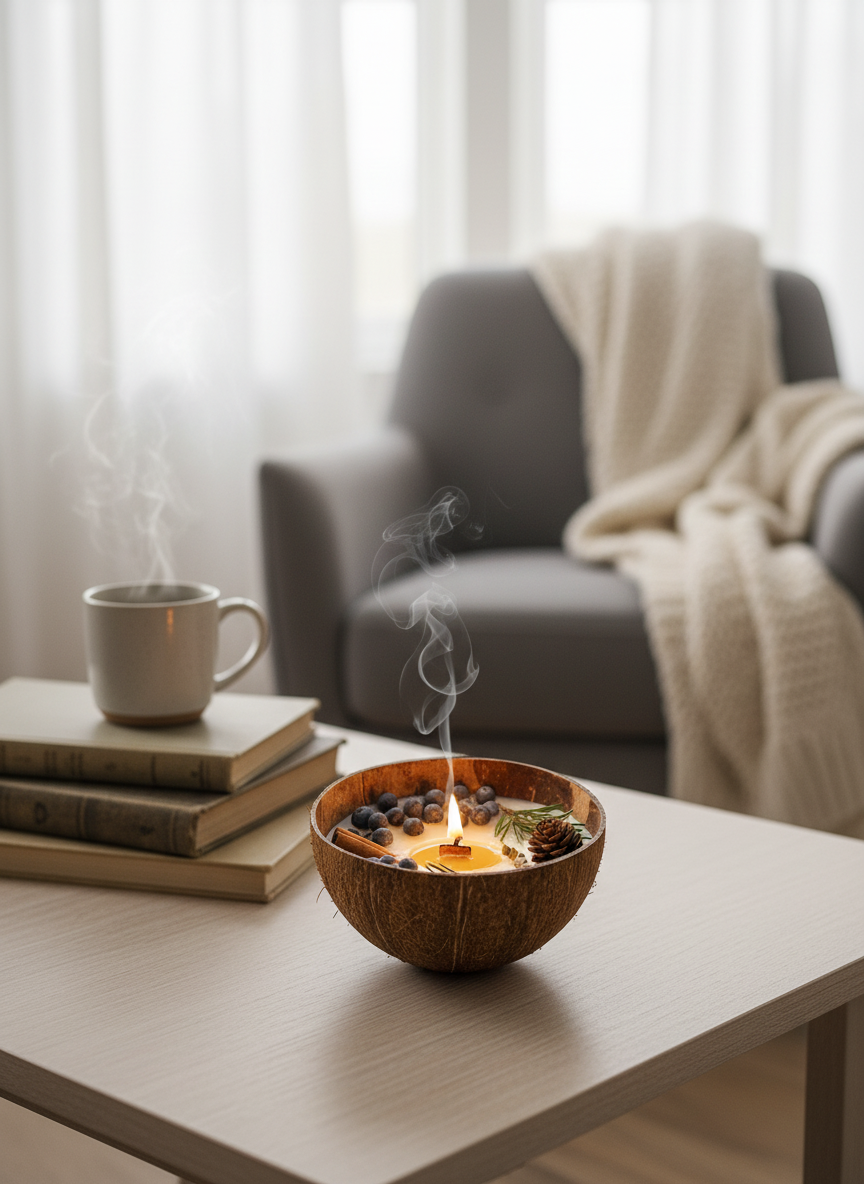 Handmade Coconut Shell Scented Candle with Dried Orange Slices, Cinnamon, and Pine Cones - Natural Soy Wax, Christmas Decor