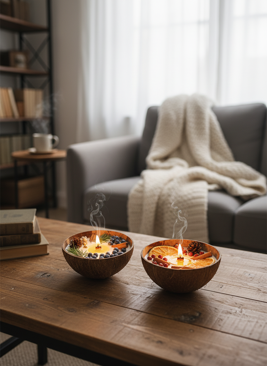 Handmade Coconut Shell Scented Candle with Dried Orange Slices, Cinnamon, and Pine Cones - Natural Soy Wax, Christmas Decor