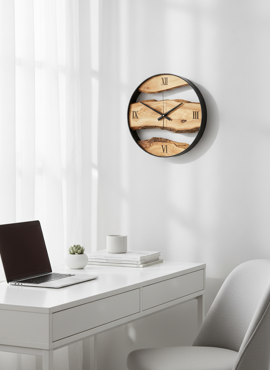 Unique Live Edge Wood Clock with Black Metal Frame | Handmade Wall Art for Living Room, Office