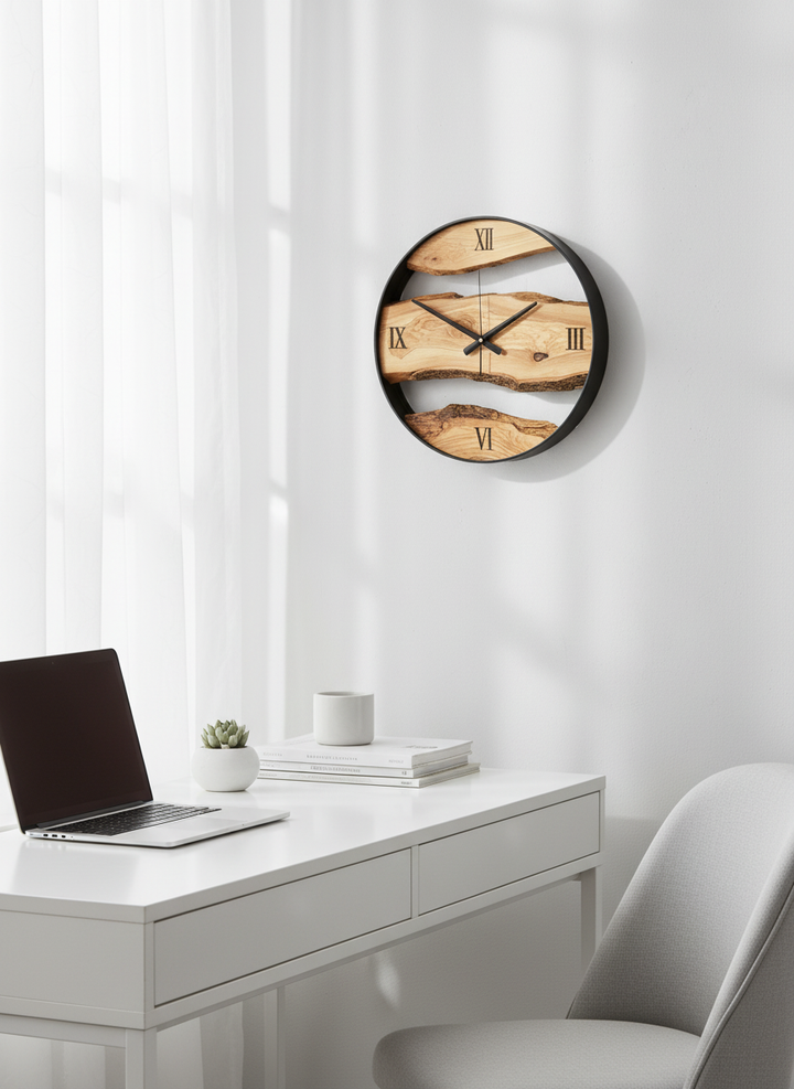 Unique Live Edge Wood Clock with Black Metal Frame | Handmade Wall Art for Living Room, Office