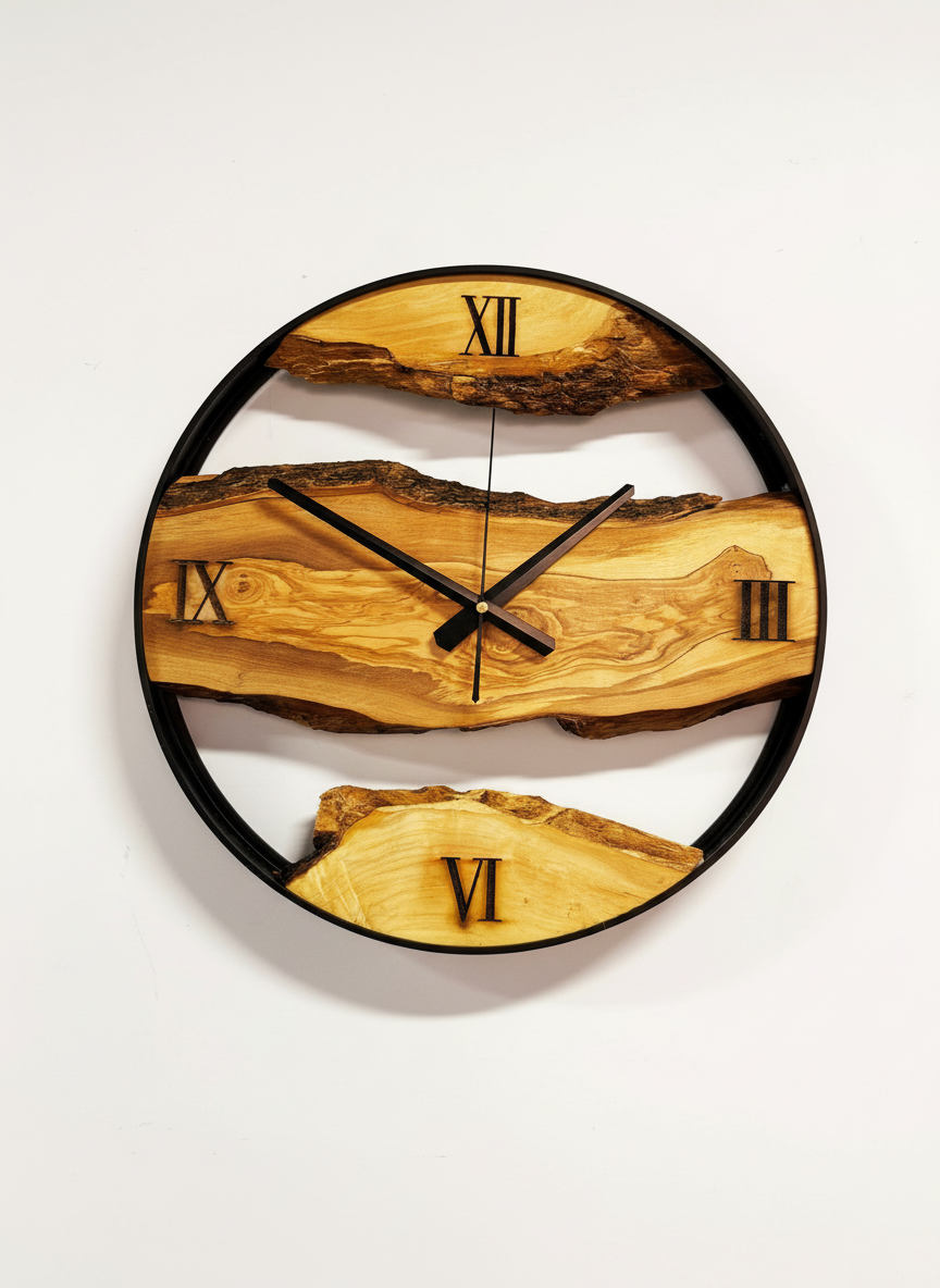 Unique Live Edge Wood Clock with Black Metal Frame | Handmade Wall Art for Living Room, Office
