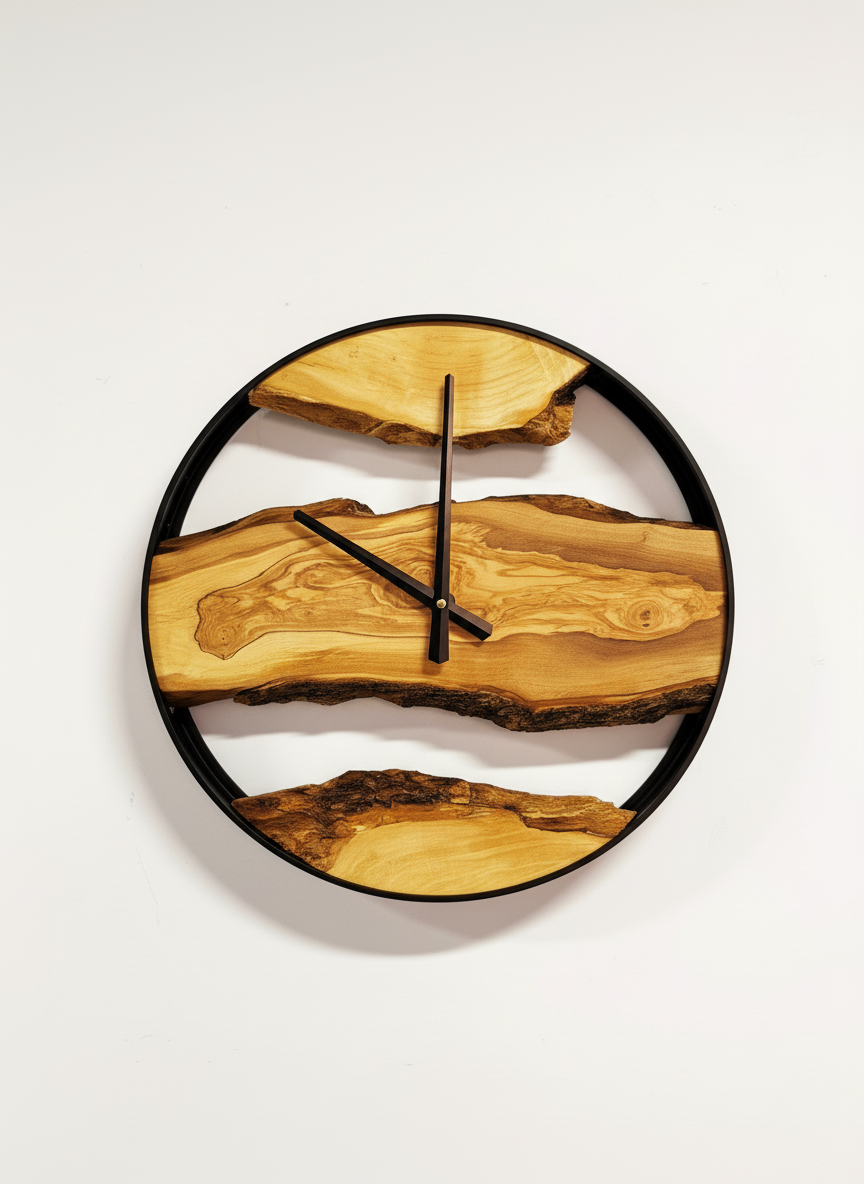 Unique Live Edge Wood Clock with Black Metal Frame | Handmade Wall Art for Living Room, Office