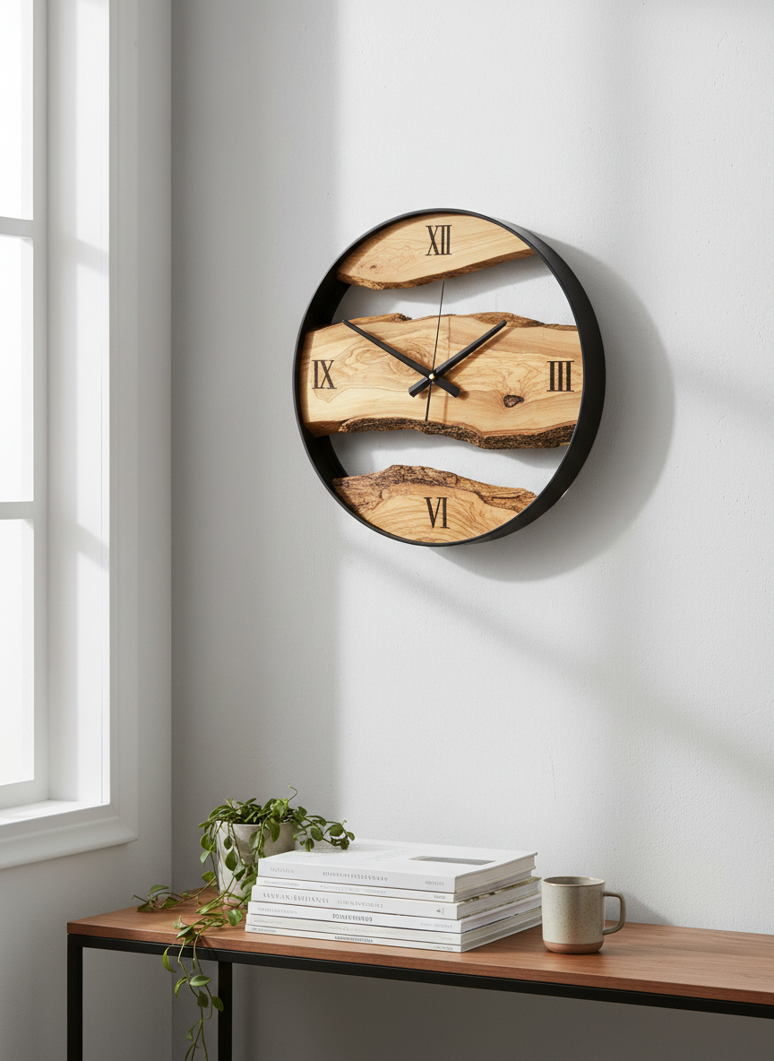Unique Live Edge Wood Clock with Black Metal Frame | Handmade Wall Art for Living Room, Office