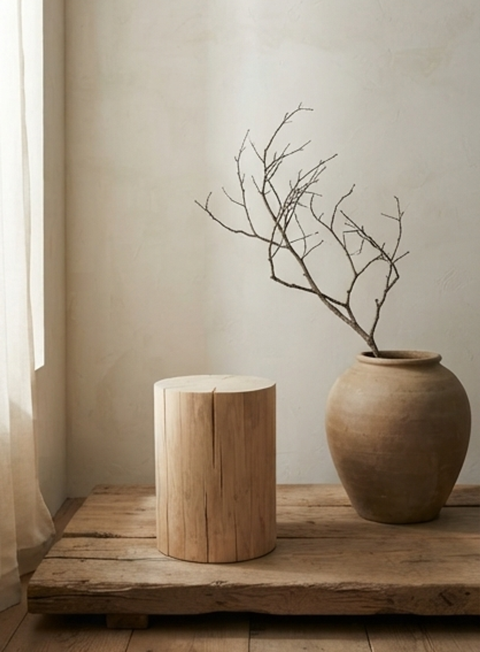 Chinese Fir stump — ambient room context in soft natural light