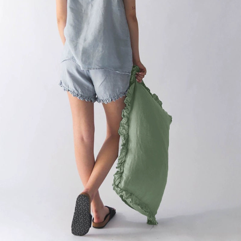 Sage green Rustic Linen Pillowcases with Frills - Set of 2, featuring delicate ruffles.