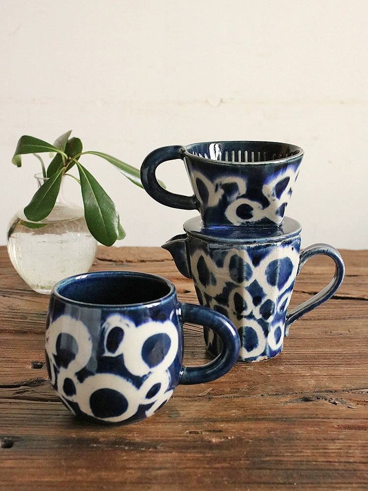 Blue and white ceramic coffee set