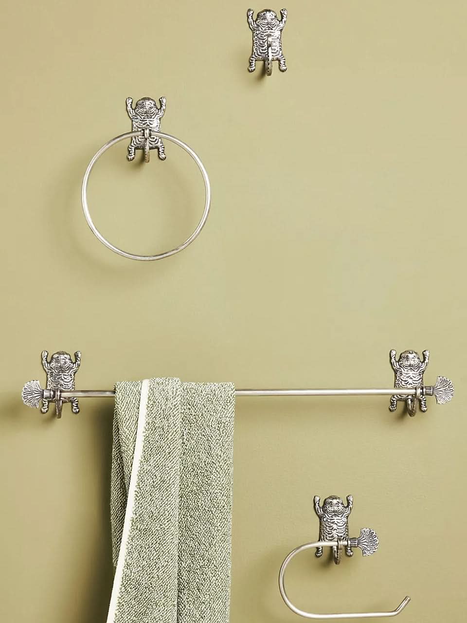 Silver Gold Tiger-Inspired Bathroom Accessories Set: towel ring, bar, and holder on wall.