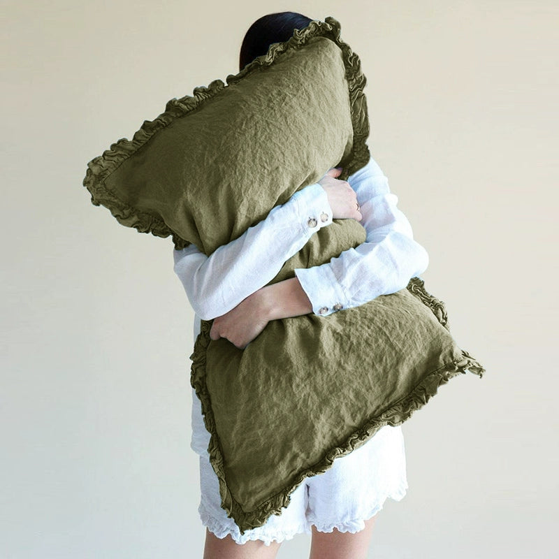Olive green rustic linen pillowcases with frills, set of 2. Home decor.