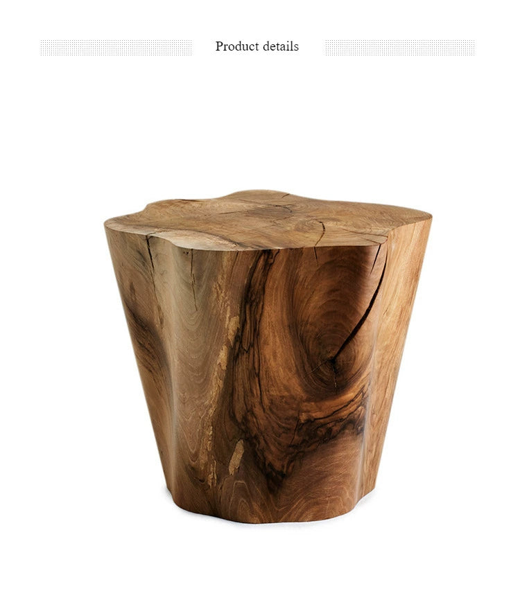 Rustic wood log side table, natural brown tones, unique wood grain.
