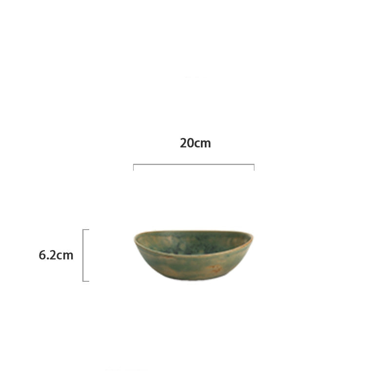 Rustic green hand-painted ceramic bowl, part of a 2-bowl set.