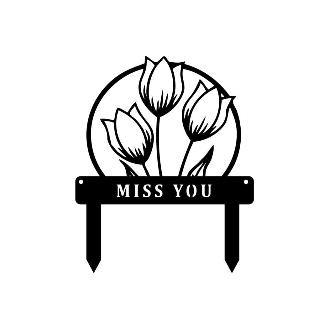 Black metal Customizable Floral Garden Decor with "Miss You" sign and tulip design.
