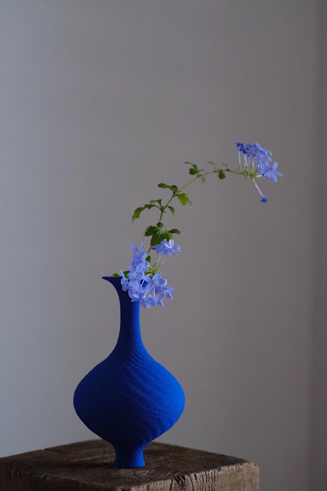 Klein Blue Flower Vase: Handcrafted textured ceramic vase with blue flowers.