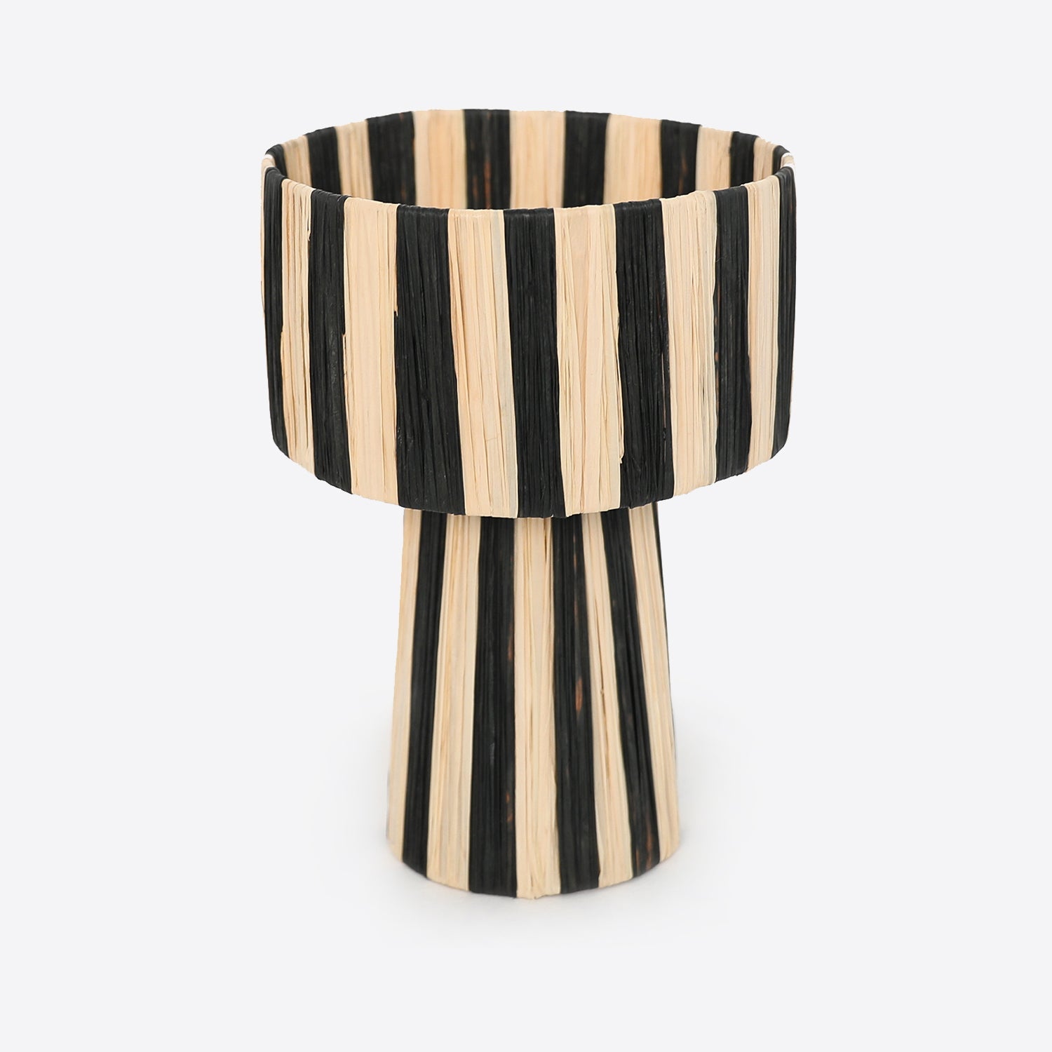 Moroccan Raffia Striped Desk Lamp with natural raffia and black stripe pattern.