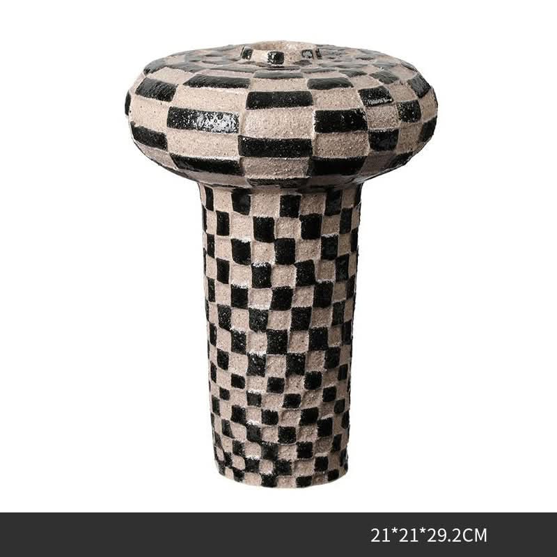 Wabisabi retro handpainted ceramic flower vase with black and white checkerboard pattern.