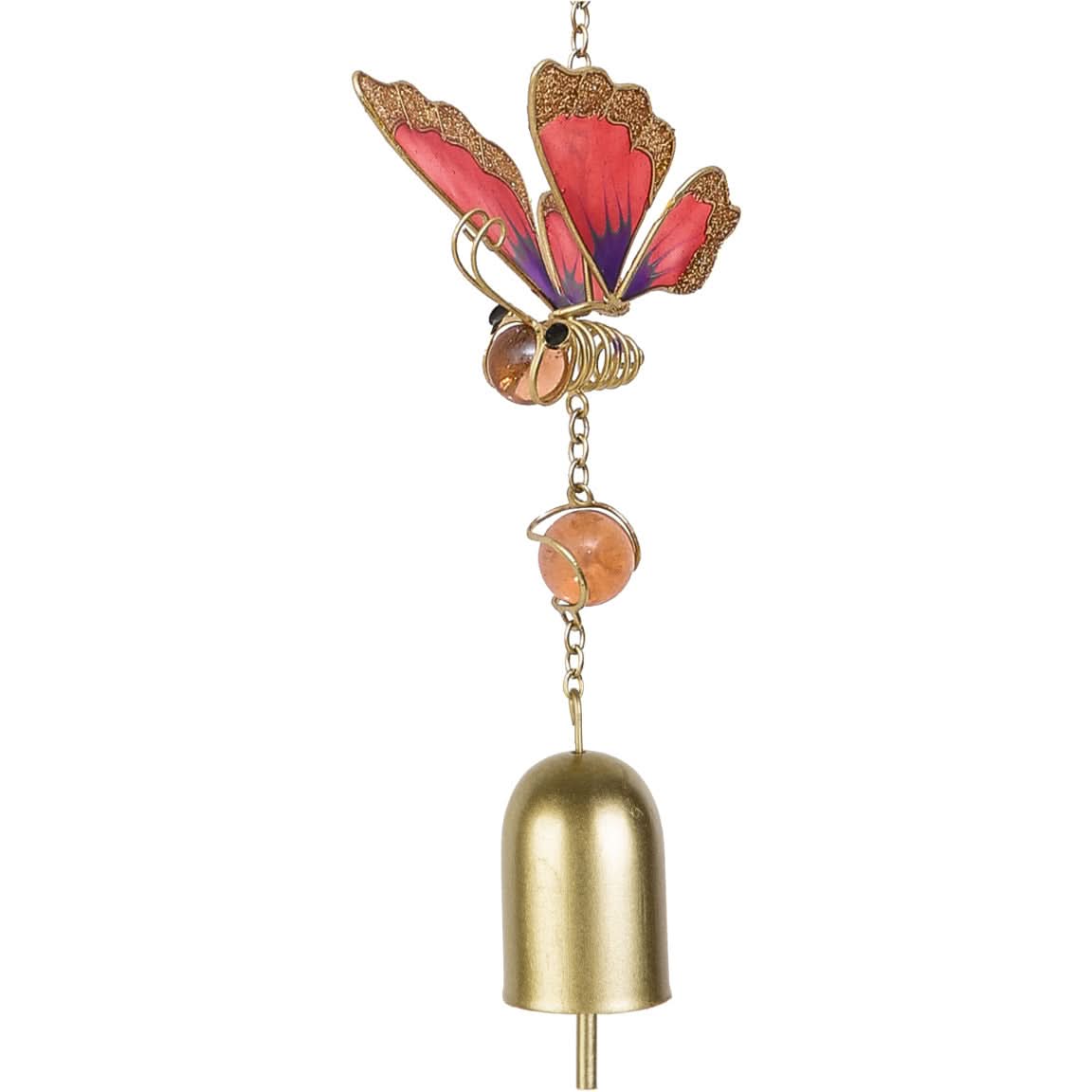 Gold butterfly wind chime with red wings and amber beads, home decor.