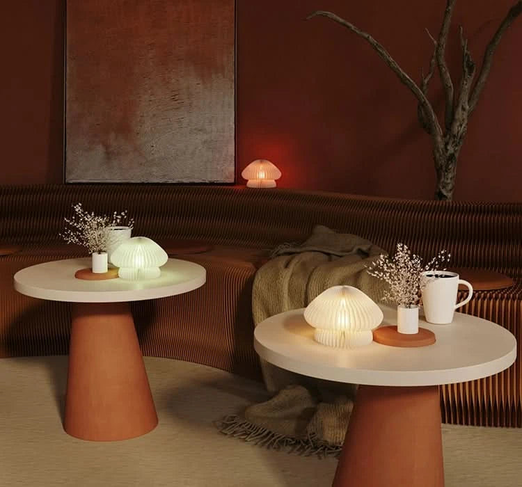 Paper Origami Mushroom Bedside Lamp with pleated design, white. Home decor.