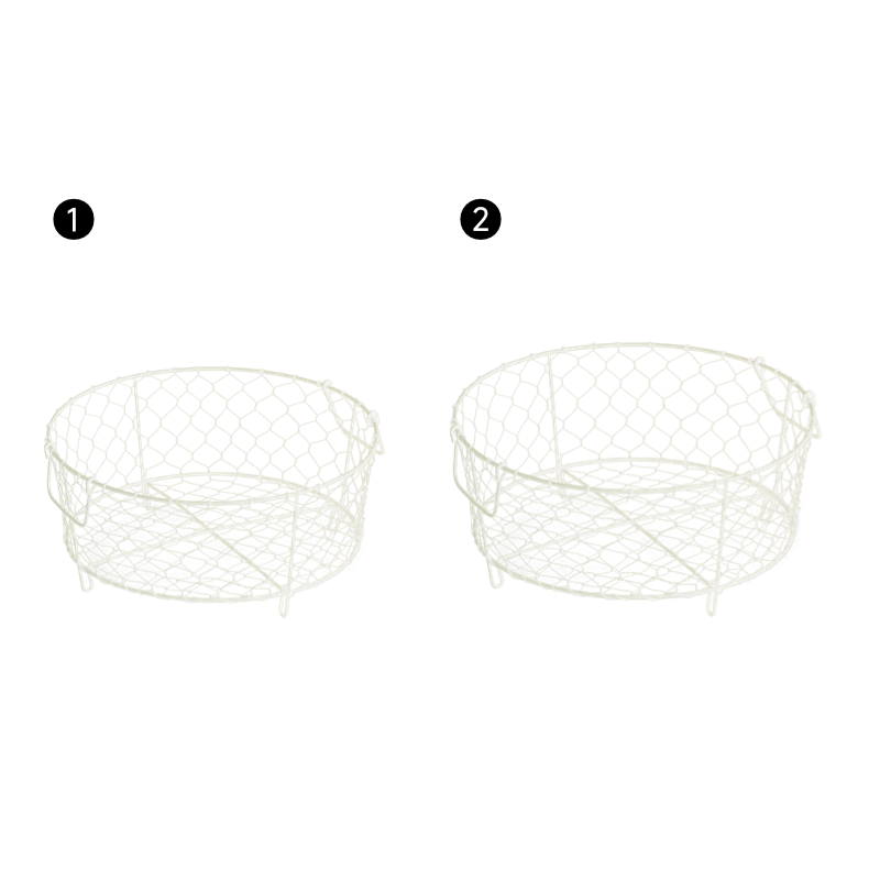 Beige wire dish basket with handles, featuring a chicken wire design.  Durable wire construction.  Perfect for kitchen storage.