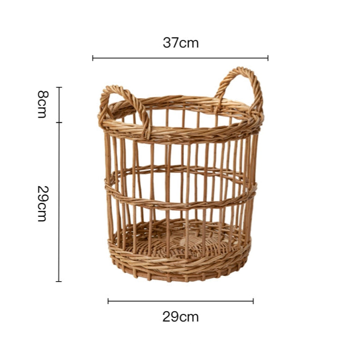 Round woven wicker basket with handles, natural home decor storage.