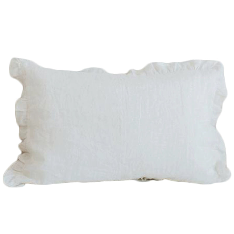 Elegant white linen pillow case with delicate frills.