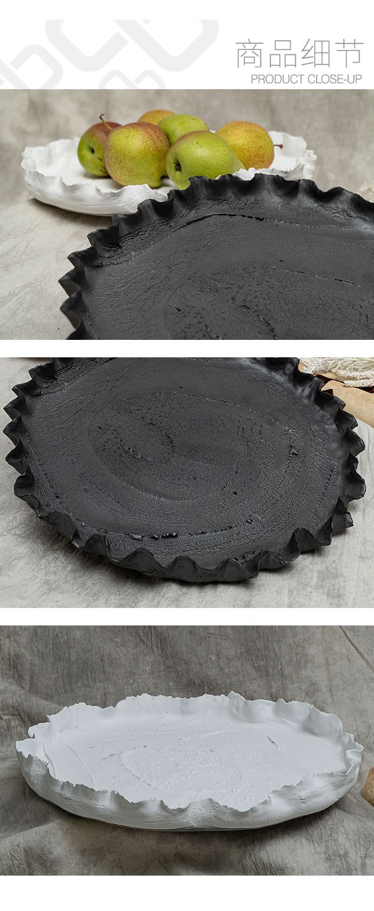 Wabi-sabi ceramic serving dish in matte black and white. Textured, ruffled edges. Home decor accent.